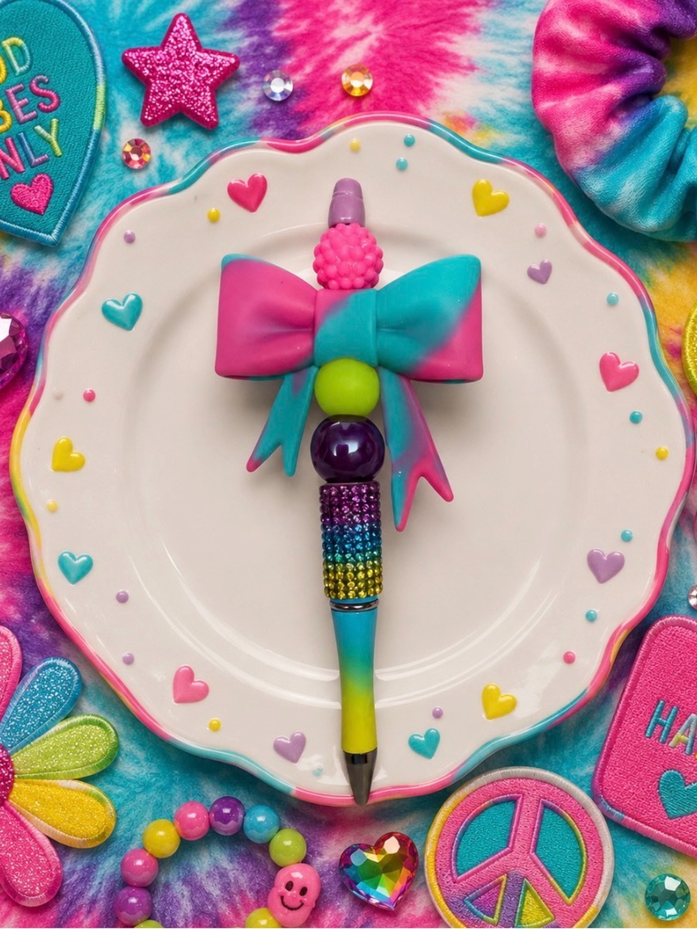 Handmade Tie Dye Bow Pen in Pink & Teal — Cute Stationery